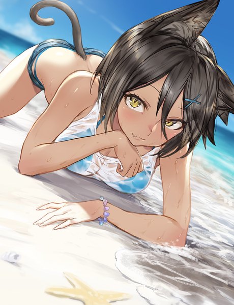 Anime picture 690x900 with original guchico single tall image looking at viewer blush fringe short hair light erotic black hair smile hair between eyes bare shoulders animal ears yellow eyes sky outdoors tail animal tail sunlight