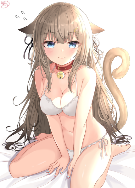 Anime picture 1000x1398 with original akino ell single long hair tall image looking at viewer blush fringe breasts blue eyes light erotic simple background blonde hair large breasts white background sitting bare shoulders signed animal ears cleavage
