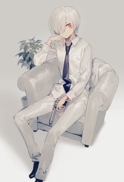 Anime picture 836x1225 with original hirota tsuu single tall image fringe short hair simple background red eyes sitting silver hair hair over one eye gradient background head rest boy weapon shirt necktie white shirt gun armchair