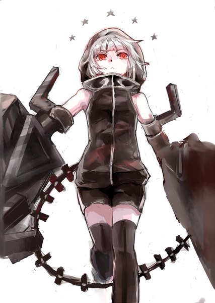 Anime picture 2150x3024 with black rock shooter strength (black rock shooter) single tall image highres short hair simple background red eyes white background white hair looking up mechanical parts girl thighhighs black thighhighs shorts boots hood