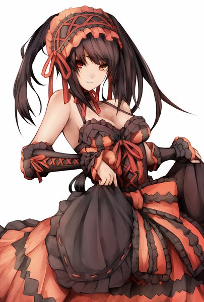 Anime picture 1000x1480 with date a live tokisaki kurumi snm (sunimi) single long hair tall image looking at viewer breasts black hair simple background red eyes standing white background twintails bare shoulders cleavage orange eyes sleeveless heterochromia girl