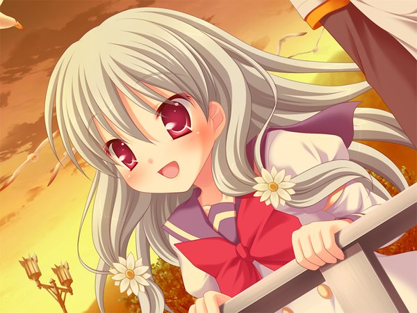 Anime picture 1024x768 with marguerite sphere marguerite (marguerite sphere) yuyi long hair fringe open mouth hair between eyes red eyes game cg silver hair loli solo focus girl serafuku