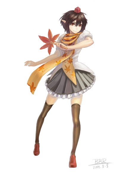 Anime picture 2480x3507 with touhou shameimaru aya lepo single tall image highres short hair simple background hair between eyes red eyes brown hair white background signed pointy ears dated girl thighhighs black thighhighs scarf fan