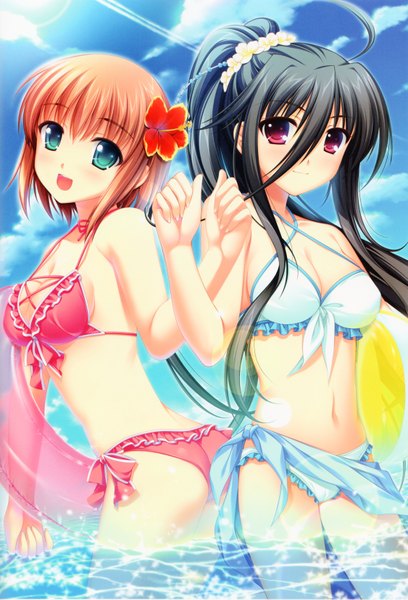 Anime picture 4503x6617 with g senjou no maou usami haru alpha (yukai na nakamatachi) long hair tall image highres short hair open mouth blue eyes light erotic red eyes bare shoulders multiple girls absurdres ass ponytail red hair hair flower girl navel