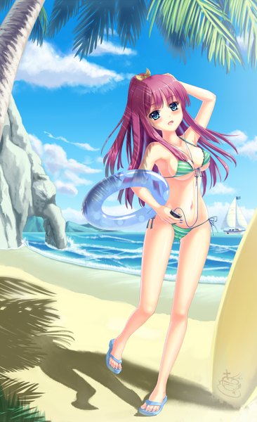 Anime picture 1000x1639 with original yurina (artist) long hair tall image blush breasts open mouth blue eyes light erotic purple hair cloud (clouds) ponytail shadow beach girl swimsuit bikini digital media player