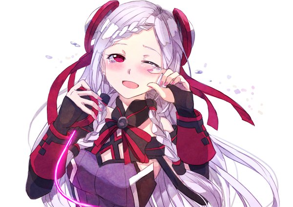 Anime picture 1200x848 with sword art online sword art online the movie: ordinal scale a-1 pictures yuna (sao) to kyo single long hair blush open mouth simple background smile white background silver hair upper body braid (braids) nail polish one eye closed fingernails tears side braid