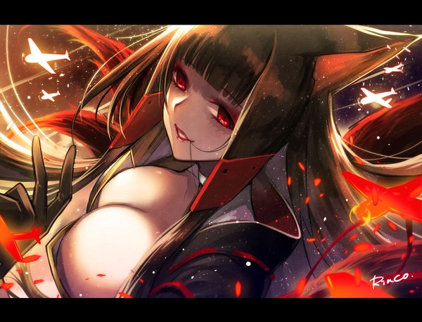 Anime picture 1047x800 with azur lane akagi (azur lane) rinko (mg54) single long hair looking at viewer blush fringe breasts light erotic red eyes brown hair large breasts signed animal ears payot cleavage upper body tail blunt bangs