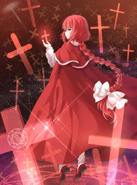 Anime picture 2515x3401 with original transistor (poppy) single long hair tall image highres red eyes red hair braid (braids) profile magic girl bow hair bow cross magic circle