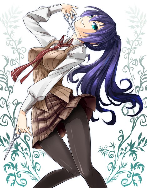 Anime picture 986x1260 with akuma no riddle takechi otoya tyone single long hair tall image looking at viewer fringe breasts blue eyes smile large breasts standing holding purple hair ponytail long sleeves pleated skirt floral print open collar