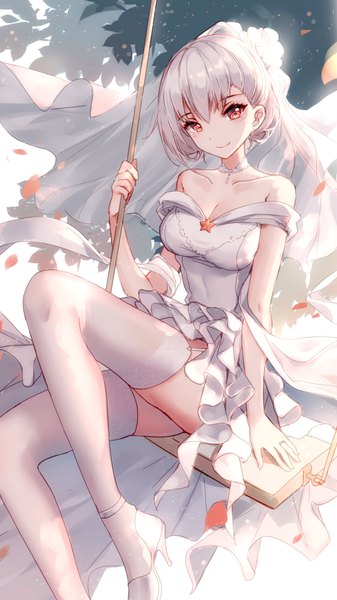 Anime picture 2160x3840 with girls frontline rmb-93 (girls frontline) bison cangshu single tall image looking at viewer blush fringe highres short hair breasts light erotic smile hair between eyes sitting bare shoulders holding silver hair wind orange eyes