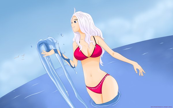 Anime picture 2560x1600 with fairy tail mirajane strauss single highres blue eyes light erotic wide image ahoge white hair magic girl swimsuit bikini water red bikini