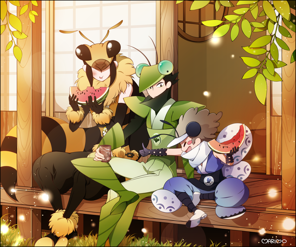 Anime picture 1500x1250 with katanagatari white fox maniwa kamakiri maniwa mitsubachi maniwa chouchou marimo (pixiv11514954) blush short hair black hair smile sitting holding signed full body bent knee (knees) outdoors eyes closed inscription multiple boys sparkle