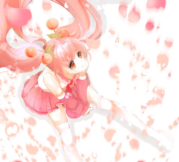 Anime picture 1222x1108 with vocaloid hatsune miku sakura miku izumil single long hair red eyes white background twintails bare shoulders looking away pink hair girl thighhighs skirt detached sleeves petals white thighhighs food berry (berries)