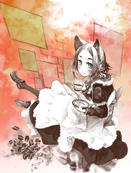 Anime picture 1516x2000 with original yunar single tall image looking at viewer blush short hair smile sitting holding animal ears aqua eyes from above cat ears cat girl monochrome girl dress pantyhose shoes