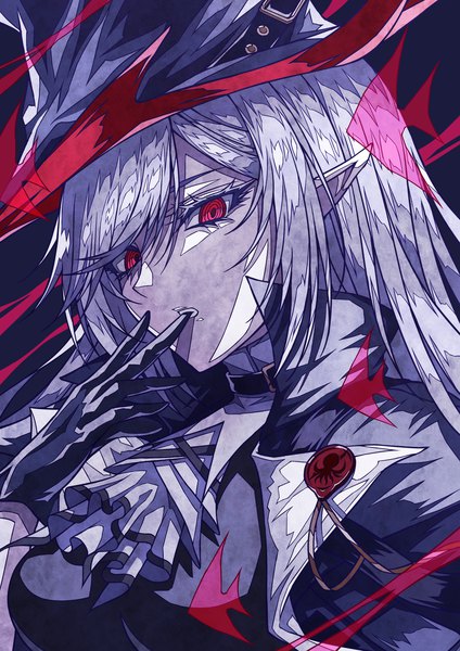 Anime picture 2480x3508 with arknights gladiia (arknights) shokikanes single long hair tall image fringe highres red eyes looking away silver hair upper body pointy ears hand to mouth girl hat animal fish (fishes)