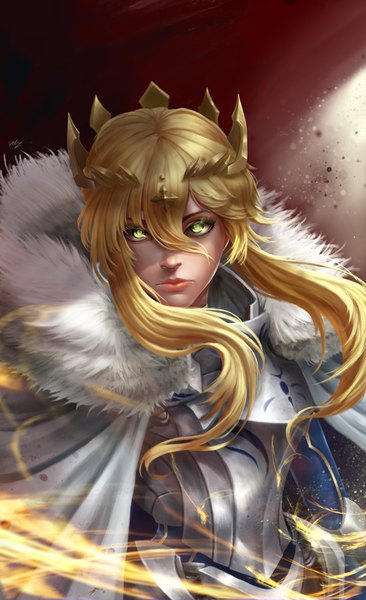 Anime picture 2480x4056 with fate (series) fate/grand order artoria pendragon (all) artoria pendragon (lancer) sekaizero single long hair tall image looking at viewer fringe highres blonde hair hair between eyes green eyes signed payot upper body lips realistic fur trim