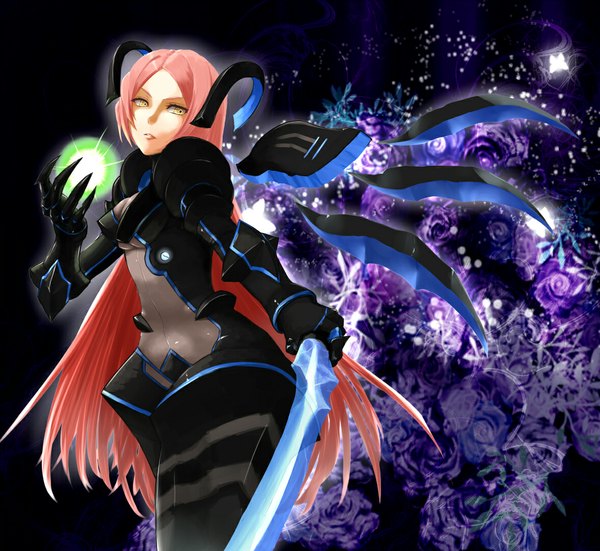 Anime-Bild 1175x1080 mit cardfight!! vanguard abyss healer saty-rokuji (artist) single long hair looking at viewer yellow eyes pink hair very long hair light dark background purple background mechanical wings girl gloves weapon sword armor rose (roses) insect