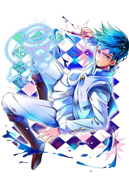 Anime picture 600x847 with jojo no kimyou na bouken kishibe rohan heaven's door akishima kei single tall image looking at viewer short hair blue eyes white background blue hair from above checkered checkered background rhombus stand (jojo) boy hat earrings hairband