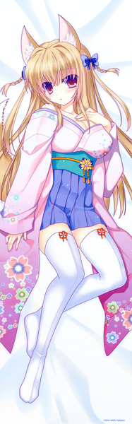 Anime picture 2344x7500 with nanao naru single long hair tall image highres blonde hair red eyes animal ears full body tail animal tail fox ears fox tail fox girl dakimakura (medium) girl thighhighs bow hair bow white thighhighs