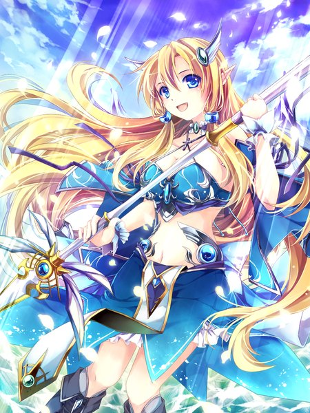 Anime picture 1200x1600 with original mochizuki shiina single long hair tall image looking at viewer open mouth blue eyes blonde hair pointy ears light girl skirt navel petals boots jewelry wrist cuffs polearm