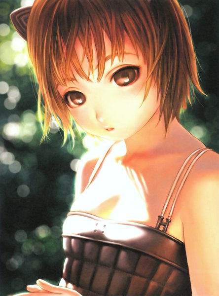 Anime picture 1358x1835 with futuregraph range murata single tall image looking at viewer blush short hair breasts open mouth brown hair bare shoulders brown eyes animal ears sunlight cat ears teeth cat girl loli flat chest girl