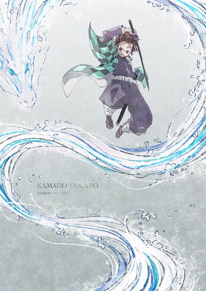 Anime picture 778x1100 with kimetsu no yaiba ufotable kamado tanjirou satyuas single tall image short hair brown hair full body traditional clothes japanese clothes grey background copyright name character names scar fantasy jumping checkered clenched teeth boy