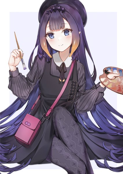 Anime picture 2480x3508 with virtual youtuber hololive hololive english ninomae ina'nis ninomae ina'nis (2nd costume) yukineko1018 single long hair tall image looking at viewer blush fringe highres blue eyes simple background smile sitting holding animal ears purple hair