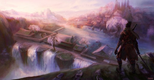 Anime picture 2048x1060 with sekiro: shadows die twice from software sekiro anniechromes single highres short hair black hair wide image standing holding signed full body city cityscape landscape waterfall boy weapon plant (plants)