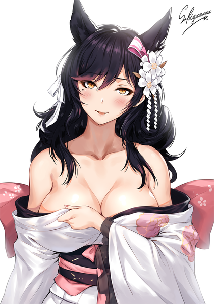 Anime-Bild 800x1131 mit azur lane atago (azur lane) atago (features of winter) (azur lane) sakiyamama single long hair tall image looking at viewer blush fringe breasts open mouth light erotic black hair simple background hair between eyes large breasts white background bare shoulders signed