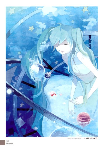 Anime picture 2391x3496 with vocaloid hatsune miku long hair tall image highres open mouth smile twintails eyes closed aqua eyes light smile scan aqua hair girl dress water white dress sea star (symbol) planet