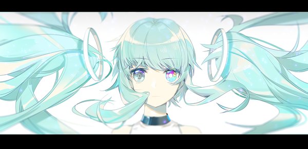 Anime picture 2480x1206 with vocaloid hatsune miku yyb single looking at viewer fringe highres short hair wide image white background payot aqua hair heterochromia floating hair letterboxed face multicolored eyes girl