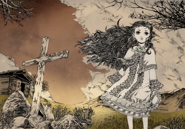 Anime picture 1203x840 with original eomji0804 single long hair green eyes sky cloud (clouds) wind grey hair mountain girl dress bow plant (plants) tree (trees) cross house
