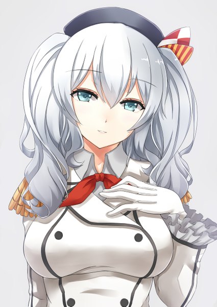 Anime picture 877x1239 with kantai collection kashima training cruiser asya single long hair tall image looking at viewer blue eyes simple background silver hair light smile grey background girl gloves uniform white gloves beret epaulettes