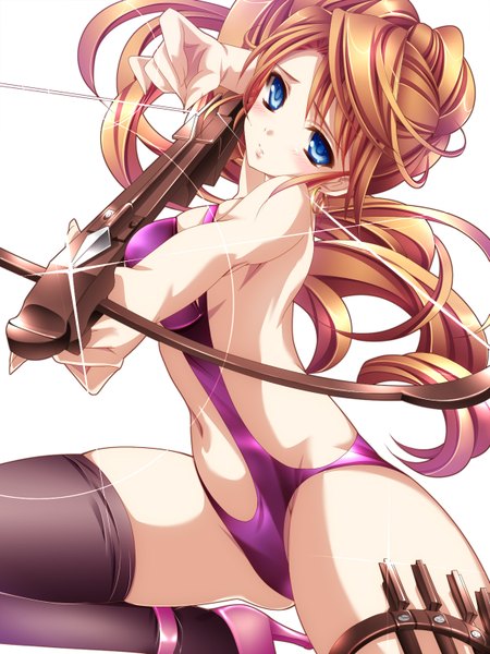 Anime picture 1200x1600 with original moneti (daifuku) single long hair tall image looking at viewer blush blue eyes light erotic simple background white background orange hair girl thighhighs navel weapon black thighhighs swimsuit crossbow