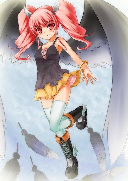 Anime picture 1050x1484 with original playjoe2005 single long hair tall image blush twintails pink hair pink eyes girl thighhighs dress white thighhighs wings boots bracelet feather (feathers)