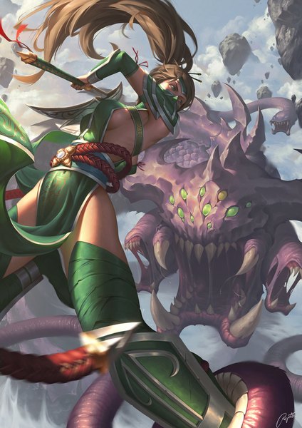 Anime picture 1414x2000 with league of legends akali (league of legends) baron nashor (league of legends) regition single long hair tall image breasts light erotic brown hair green eyes ponytail teeth fang (fangs) girl weapon monster ninja