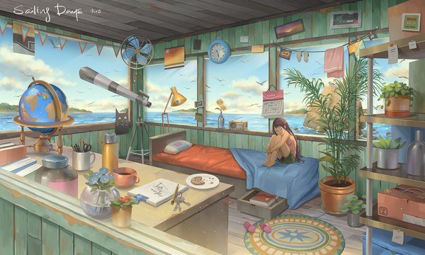 Anime picture 1800x1080 with original kitsu+3 single long hair highres brown hair wide image signed sky cloud (clouds) full body indoors eyes closed barefoot bare legs sleeping shoes removed girl flower (flowers) plant (plants)