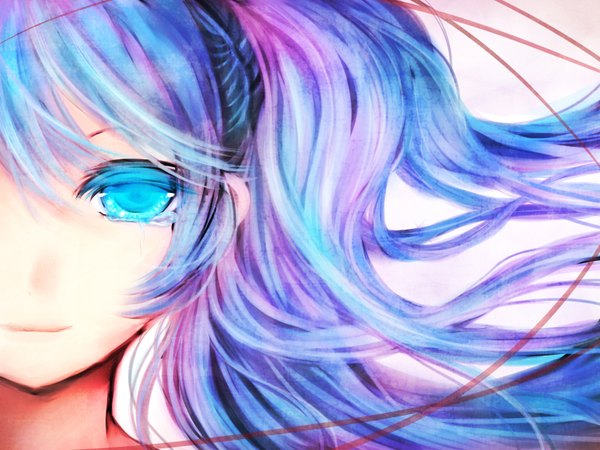 Anime picture 1536x1152 with vocaloid hatsune miku efushi single long hair blush twintails aqua eyes aqua hair tears close-up face crying girl