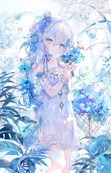 Anime picture 1200x1871 with original onineko single long hair tall image looking at viewer blush fringe blue eyes hair between eyes standing bare shoulders holding white hair girl dress flower (flowers) plant (plants) white dress jewelry