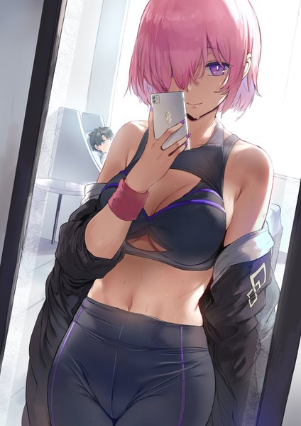 Anime picture 992x1403 with fate (series) fate/grand order mash kyrielight fujimaru ritsuka (male) hews tall image looking at viewer fringe short hair breasts blue eyes light erotic black hair smile large breasts standing purple eyes bare shoulders holding pink hair