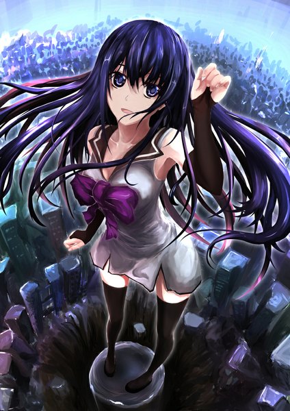 Anime picture 744x1052 with gokukoku no brynhildr arms corporation kuroha neko realdragon single long hair tall image looking at viewer fringe breasts open mouth standing purple eyes purple hair from above zettai ryouiki city happy looking up cityscape