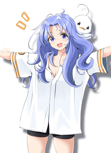 Anime picture 1236x1700 with original minah (chaesu) chaesu single long hair tall image looking at viewer blush open mouth blue eyes simple background smile standing white background signed blue hair head tilt :d thighs spread arms