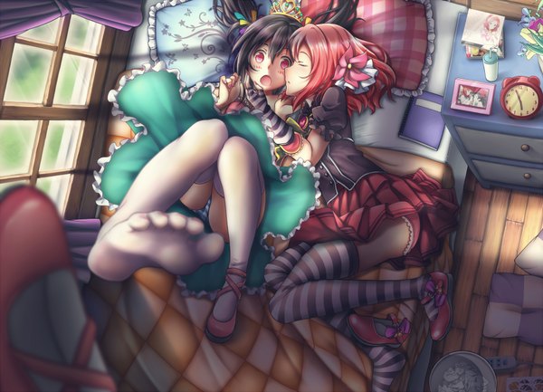 Anime picture 2000x1444 with love live! school idol project sunrise (studio) love live! nishikino maki yazawa nico oishii garriel blush highres short hair open mouth light erotic black hair red eyes multiple girls red hair indoors eyes closed nail polish profile hair flower