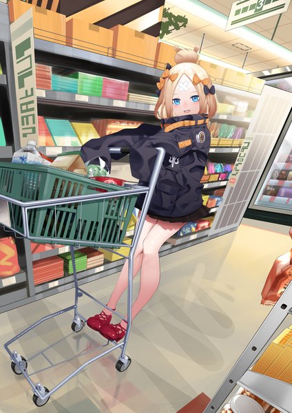 Anime picture 2480x3508 with fate (series) fate/grand order abigail williams (fate) shiro ami single long hair tall image looking at viewer blush fringe highres open mouth blue eyes blonde hair smile standing full body indoors :d hair bun (hair buns)