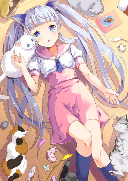 Anime picture 800x1131 with amiami (company) gear-tan yumekui single long hair tall image looking at viewer blush fringe open mouth blue eyes twintails animal ears payot silver hair bent knee (knees) lying blunt bangs from above cat ears