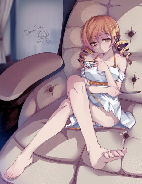 Anime picture 1024x1331 with mahou shoujo madoka magica shaft (studio) tomoe mami dreamcatcher long hair tall image light erotic blonde hair sitting twintails yellow eyes barefoot pantyshot legs drill hair pantyshot sitting girl underwear panties cup