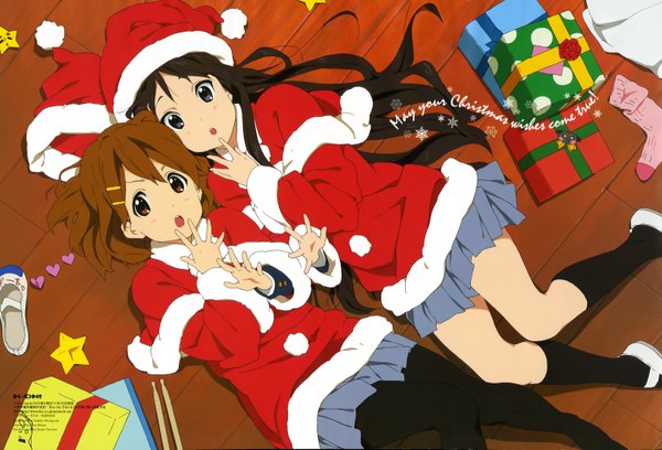 Anime picture 6013x4089 with k-on! kyoto animation animage akiyama mio hirasawa yui horiguchi yukiko long hair looking at viewer highres short hair open mouth black hair brown hair multiple girls brown eyes absurdres lying pleated skirt scan official art