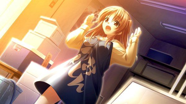 Anime picture 1280x720 with morobito kozorite (game) long hair open mouth red eyes brown hair wide image game cg girl apron