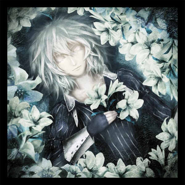 Anime picture 1600x1600 with touhou izayoi sakuya zhaoli jin single short hair white hair lying eyes closed girl flower (flowers) fingerless gloves