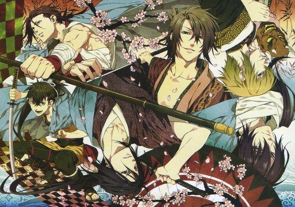 Anime picture 2120x1489 with hakuouki shinsengumi kitan studio deen saito hajime okita souji (hakuouki) hijikata toshizou (hakuouki) chikage kazama sanosuke harada toudou heisuke long hair highres short hair black hair blonde hair smile brown hair purple eyes green eyes japanese clothes scan open clothes